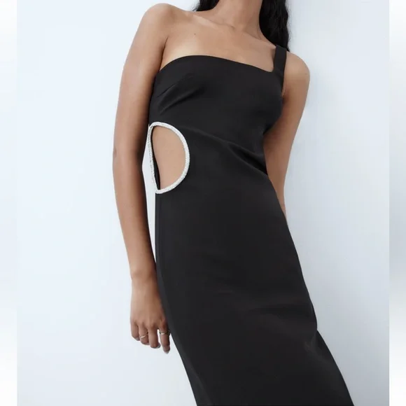 Zara NWT black one shoulder rhinestone side cutout detail midi dress - Picture 3 of 9